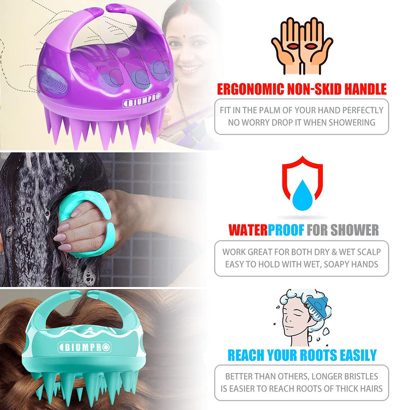 [Australia] - Shampoo Massager Brush Scalp Exfoliator for Dandruff Removal, Waterproof Shower Scalp Scrubber Tool for Hair Growth, Ultra-long Silicone Bristles, Easily Reach the Root of Thick Curly Hair - 2 Pack 2 Pack Scalp Brush ( Natural Green + Noble Purple ) 