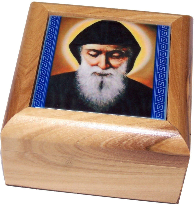 [Australia] - Holy Land Market Olive Wood Rosary and Box from Bethlehem (Mar Charbel - Lebanese Saint) 