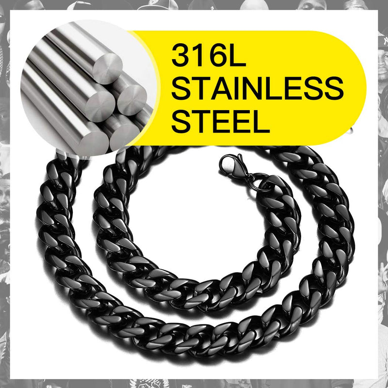 [Australia] - 316L Stainless Steel Miami Cuban Chain for Men Women, 18K Gold/Black Plated, 3mm/6mm/9mm/12mm Wide, 18"/20"/22"/24"/26"/28"/30" Long 12mm-black 18.0 Inches 