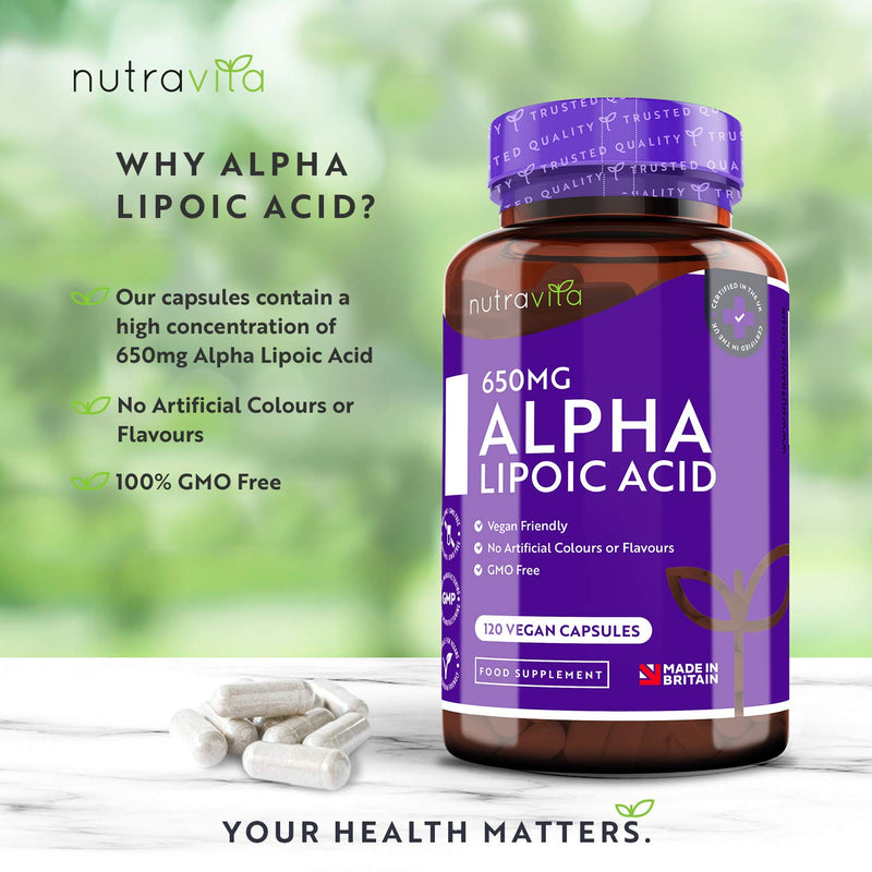 [Australia] - Alpha Lipoic Acid 650mg – 120 High Strength Vegan-Friendly Capsules – 100% Natural, No Synthetic Binders or Fillers – 4 Month Supply – Made in The UK by Nutravita 