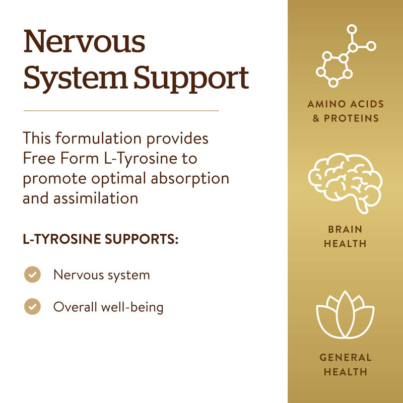 [Australia] - Solgar L-Tyrosine 500 mg, 100 Vegetable Capsules - Brain & Nervous System Support - Vegan, Gluten Free, Dairy Free, Kosher - 100 Servings 