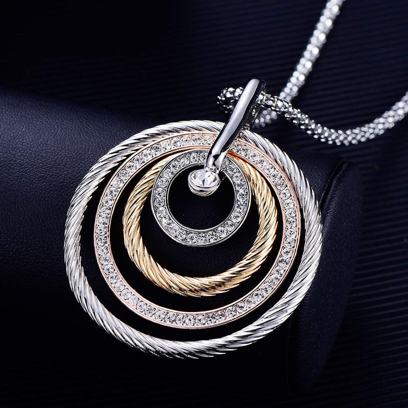 [Australia] - PJ Layered Hoop Pendent Necklace for Women Girls - Long Chain Round Circles Crystal Rhinestone Sweater Pendents Necklaces, Fashion Jewelry silver+gold plated 