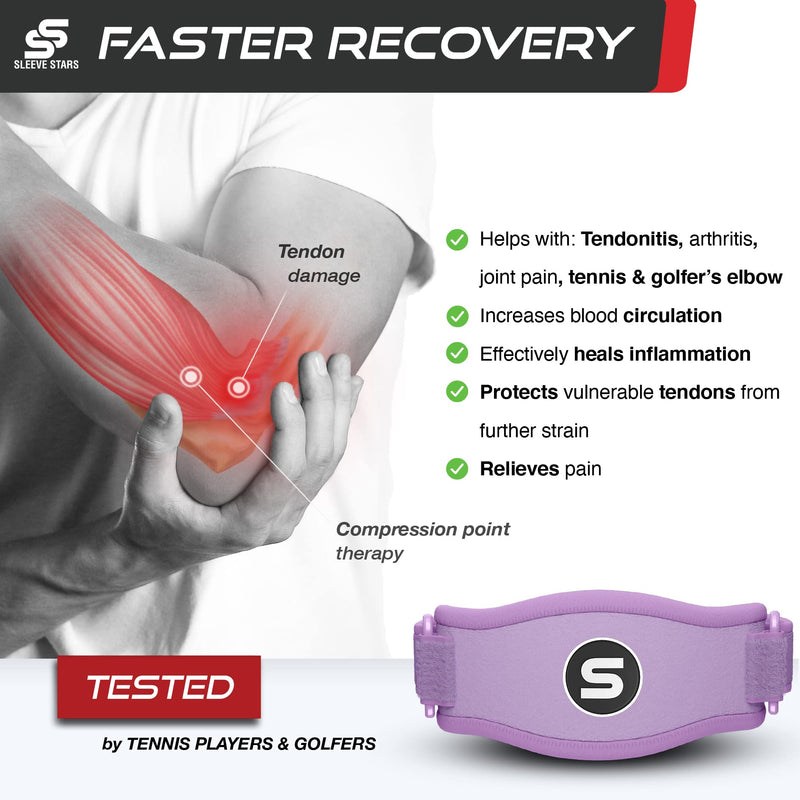 [Australia] - Sleeve Stars Tennis Elbow Brace for Men and Women, Elbow Brace for Tendonitis and Tennis Elbow Strap, Counterforce Brace for Tennis Elbow, Band Relief & Support for Forearm w/ 3 Straps Fits 9-23" (Single/Light Purple) 1 Light Purple 
