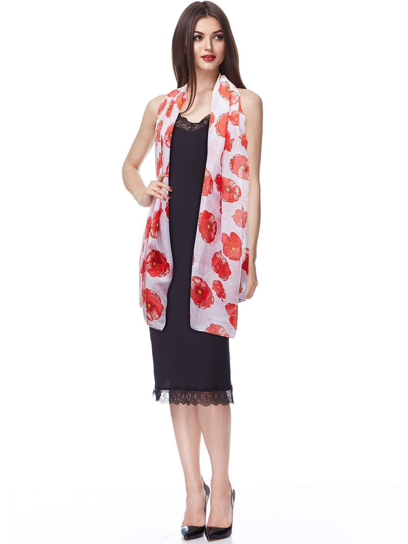 [Australia] - 2 Pieces Poppy Print Floral Scarf Red Poppy Scarf Stylish Wrap Shawl Scarf for Women Ladies Winter Christmas New Year, Black, White 