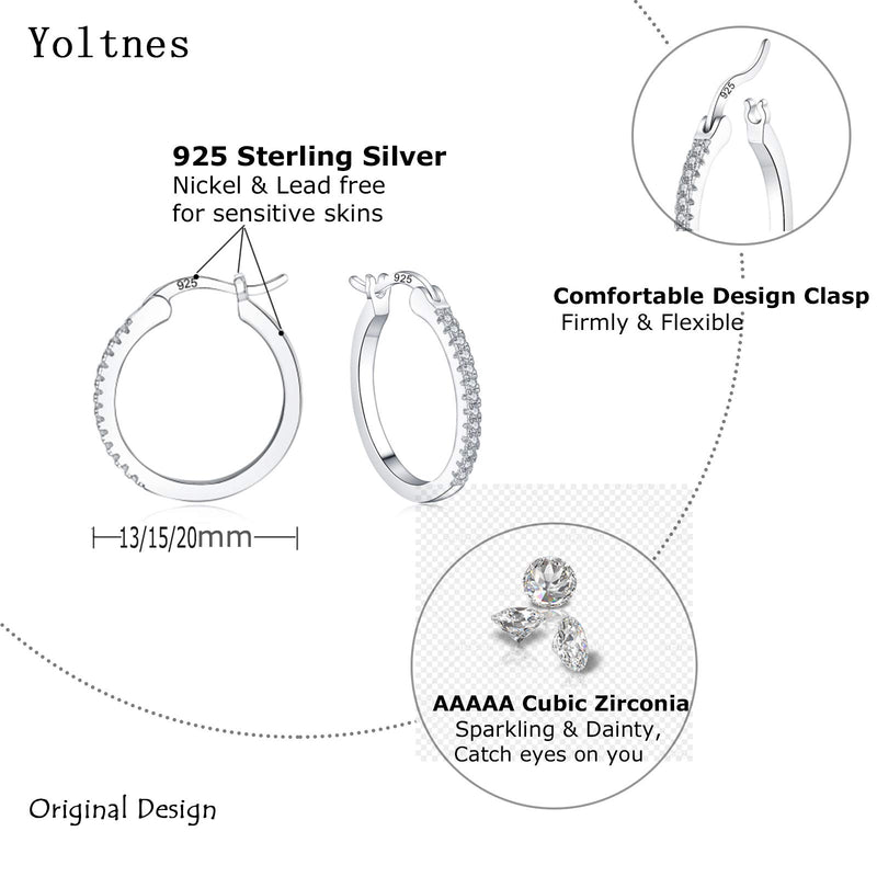 [Australia] - Yoltnes Sterling Silver Hoop Earrings for Women, 925 Sterling Sliver Hoop Earrings for Girls, 3 Pairs of Cubic Zirconia Hoop Earrings Set for Men, Hypoallergenic huggie hoop earrings, Sizes 13/15/20mm 