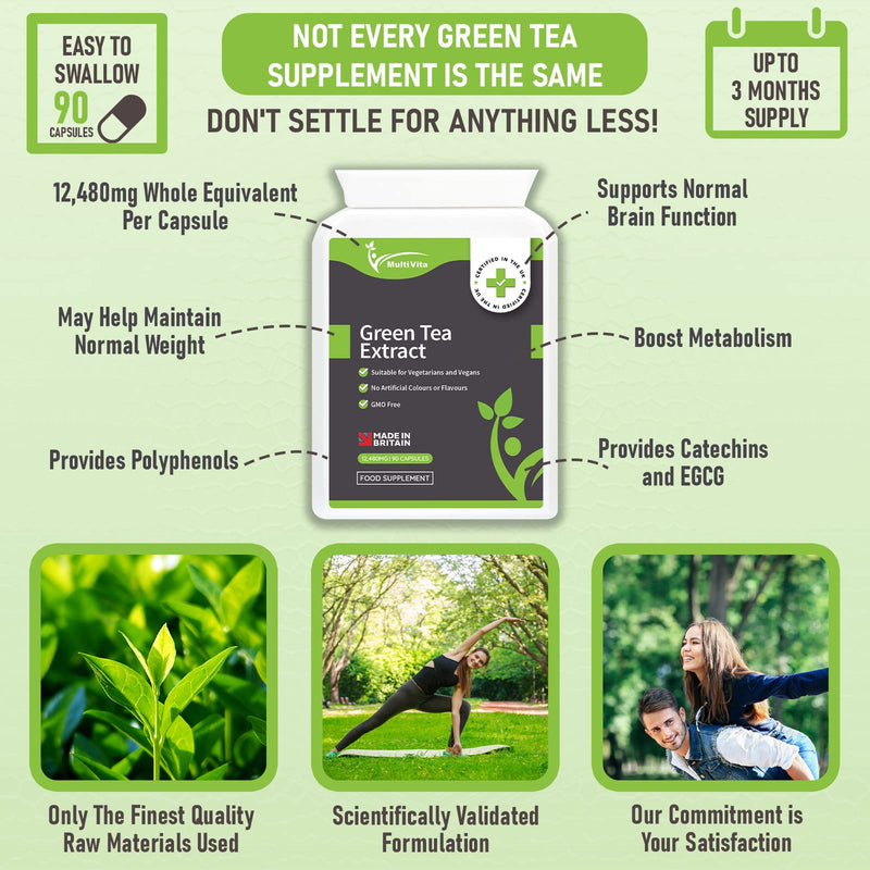 [Australia] - Multivita Green Tea - 90 x 12,480mg High Strength Green Tea Extract Capsules - Natural Green Tea Supplement and Powerful Antioxidant - Vegan and Vegetarian Friendly 