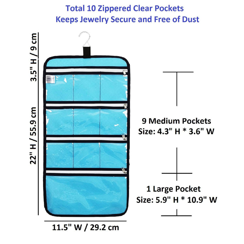 [Australia] - ANIZER Hanging Jewelry Organizer with 10 Zippered Clear Pockets for Travel Suitcase and Home Closet Jewelry Storage Bag (Blue) Blue 