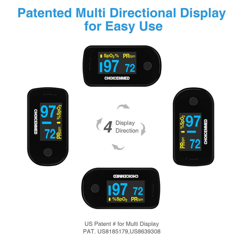 [Australia] - CHOICEMMED Black Dual Color OLED Finger Pulse Oximeter - Blood Oxygen Saturation Monitor with Color OLED Screen Display and Included Batteries - O2 Saturation Monitor 