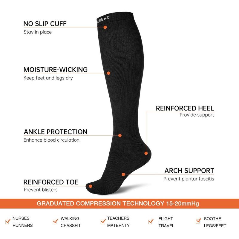 [Australia] - QXURkut 3 Pairs Black Compression Socks for Men Women Swelling, Flight, Running, Cycling, 15-20 mmHg Knee High Long Sleeves Stockings L-XL 