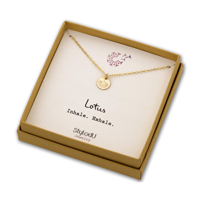 [Australia] - StyledU Small Lotus Flower Necklace, 14k Gold Filled Engraved Lotus Pendant Necklace 16” Chain, Tiny Lotus Necklace, Encouragement Gifts, Happy Birthday Gifts Ideas for Mom, Daughter, Women, Best Friend 