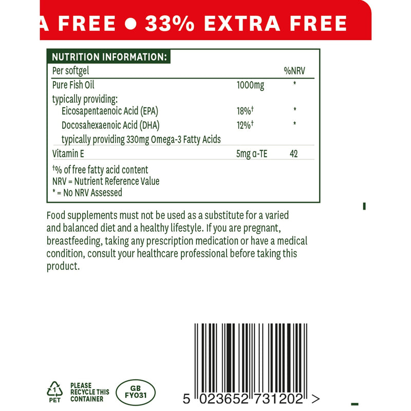[Australia] - Natures Aid Fish Oil 1000mg | Omega 3 (180mg Epa & 120mg Dha) | Made In The UK, 120 Softgels for The Price of 90, 120 Capsules 