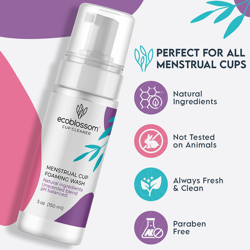 [Australia] - Ecoblossom Menstrual Cup Cleaner - Unscented Foaming Sterilizer Wash for Silicone Period discs - Wipes Clean, Organic Ingredients, Natural, pH-Balanced - 5oz 