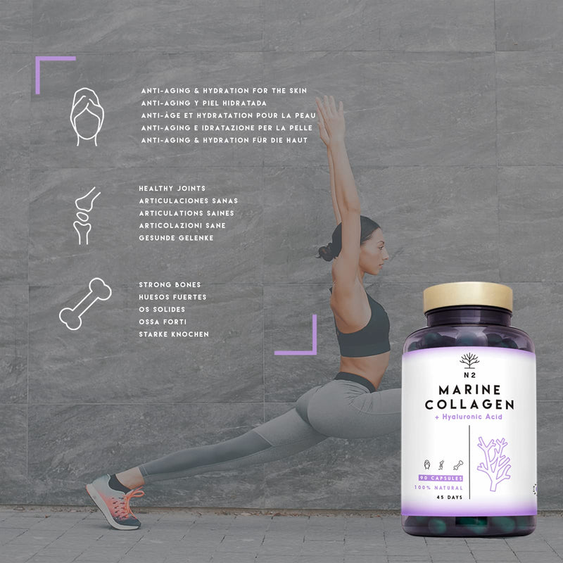 [Australia] - Marine Collagen with Hyaluronic Acid for Skin Care, Hair Care, Joints. Magnesium, Vitamin C. Hydrolysed Collagen Supplements. Anti Aging. Best Collagen PEPTAN. 90 Veggie Caps. EU. N2 Natural Nutrition 