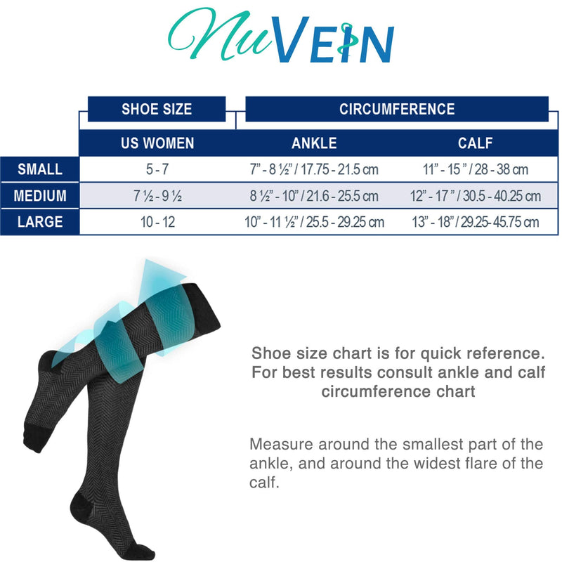 [Australia] - NuVein 15-20 mmHg Compression Socks for Women, Chevron Pattern Trouser Style, Knee High, Closed Toe, Black, Large 
