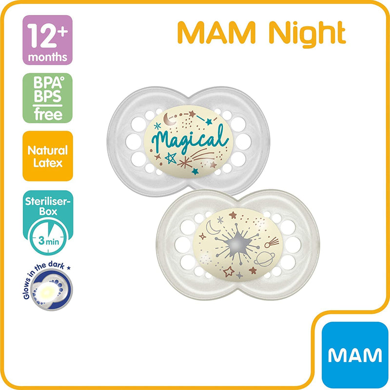 [Australia] - MAM Latex Original Night Soothers 12 Months + (Pack of 2), Glow in the Dark Baby Soothers with Self Sterilising Travel Case, Newborn Essentials, Grey, (Designs May Vary) 2 Count (Pack of 1) 