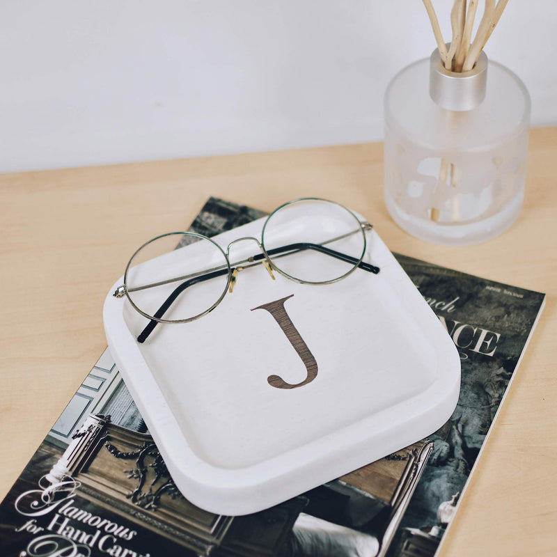 [Australia] - Solid Wood Personalized Initial Letter Jewelry Display Tray Decorative Trinket Dish Gifts For Rings Earrings Necklaces Bracelet Watch Holder (6"x6" Sq White "J") 6"x6" Sq White "J" 