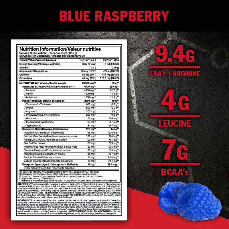 [Australia] - MUTANT GEAAR | 9.4g of EAA Powder + Arginine, 7g BCAAs, 4g Leucine, Electrolytes, Coconut Water, No Artificial Colours or Flavours | 30 Servings | Mango| 378g 