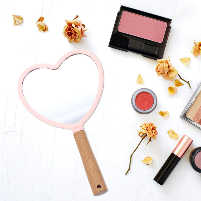 [Australia] - Lurrose Hand Held Mirror Heart Shape Glass Mirror Portable Cosmetic Mirror with Wooden Handle for Women Purse Pink 