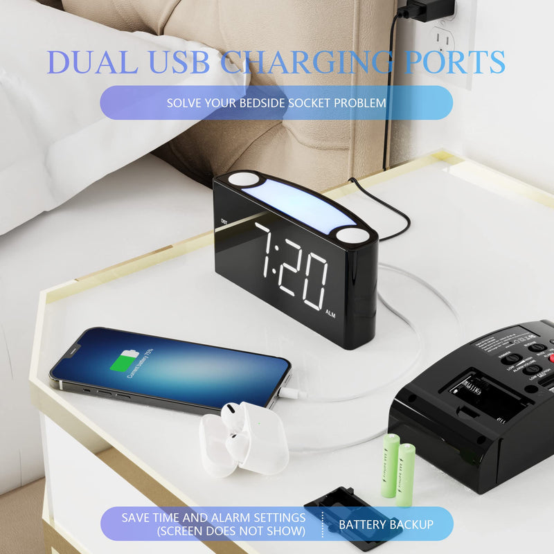 [Australia] - Rocam Alarm Clock for Bedrooms - Large 6.5" LED Display with Dimmer, Snooze, 7 Color Night Light, Easy to Set, USB Chargers, Battery Backup, 12/24 Hours for Heavy Sleepers, Kids, Boys, Girls, Elderly White 
