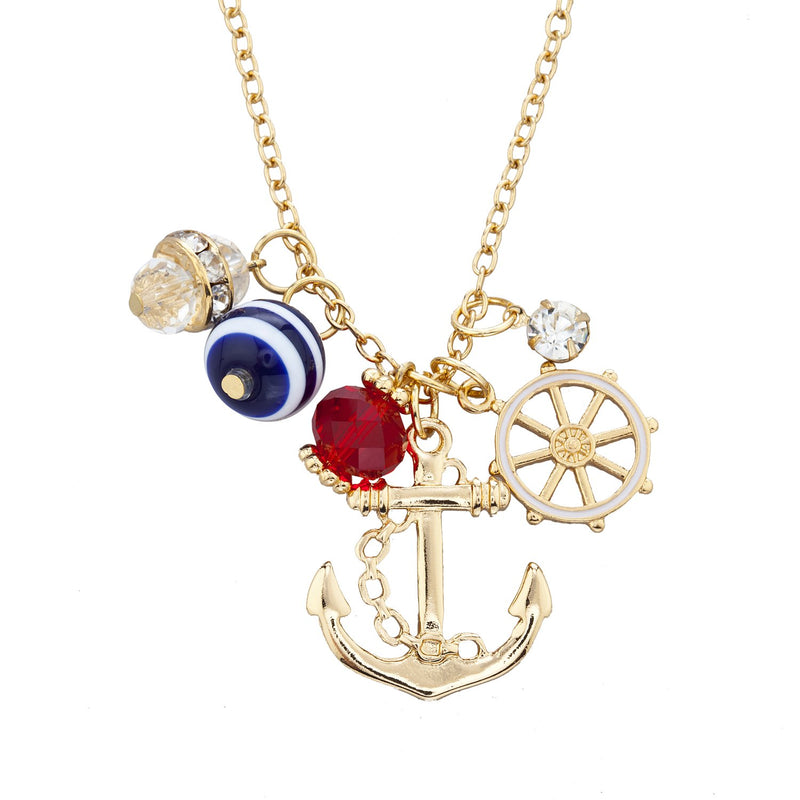 [Australia] - Lux Accessories Gold Tone Nautical Cluster Anchor Ship Wheel Charm Necklace 