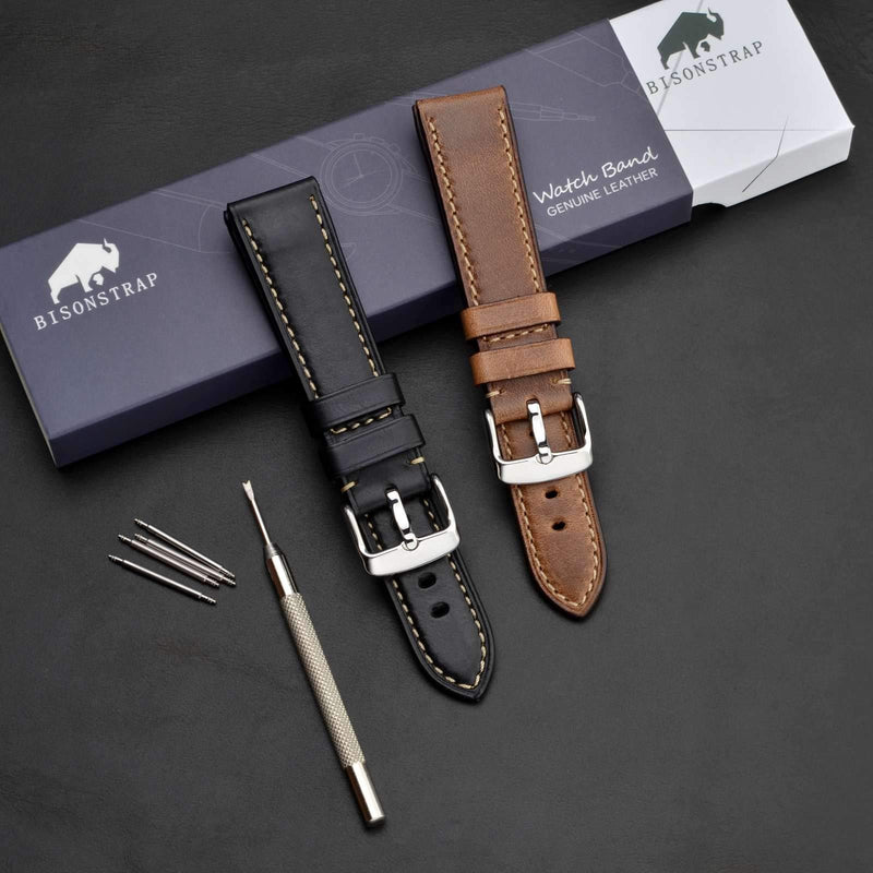 [Australia] - BISONSTRAP Leather Watch Band 18mm 19mm 20mm 21mm 22mm 23mm 24mm, Vintage Calfskin Watch Strap Men Bracelet Black 