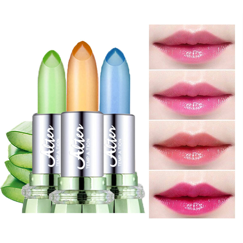 [Australia] - 3Pcs Aloe Vera lipstick Set, Crystal Jelly Lip Stains Waterproof Long Lasting Moisturizing Non-marking Non-stick Cup Magic Temperature Color Change Lip Balm Set 