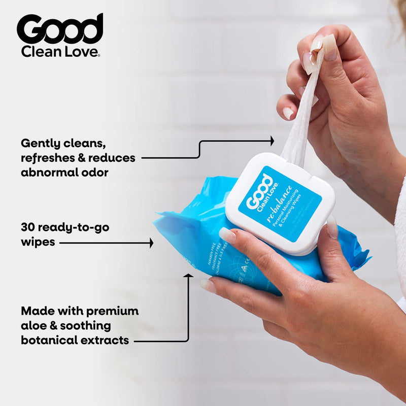 [Australia] - Good Clean Love Rebalance Personal Moisturizing & Cleansing Wipes, Naturally Reduces Odor & Supports Vaginal Health, pH-Balanced Feminine Hygiene Product, 30 Wipes 