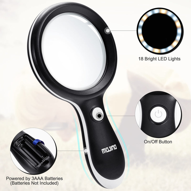 [Australia] - Magnifying Glass with Light, MOJINO 10X Lighted Large Handheld Reading Magnifier Glasses with 18 LED Lights for Macular Degeneration, Seniors & Kids Reading, Inspection, Coins, Jewelry, Exploring Black 