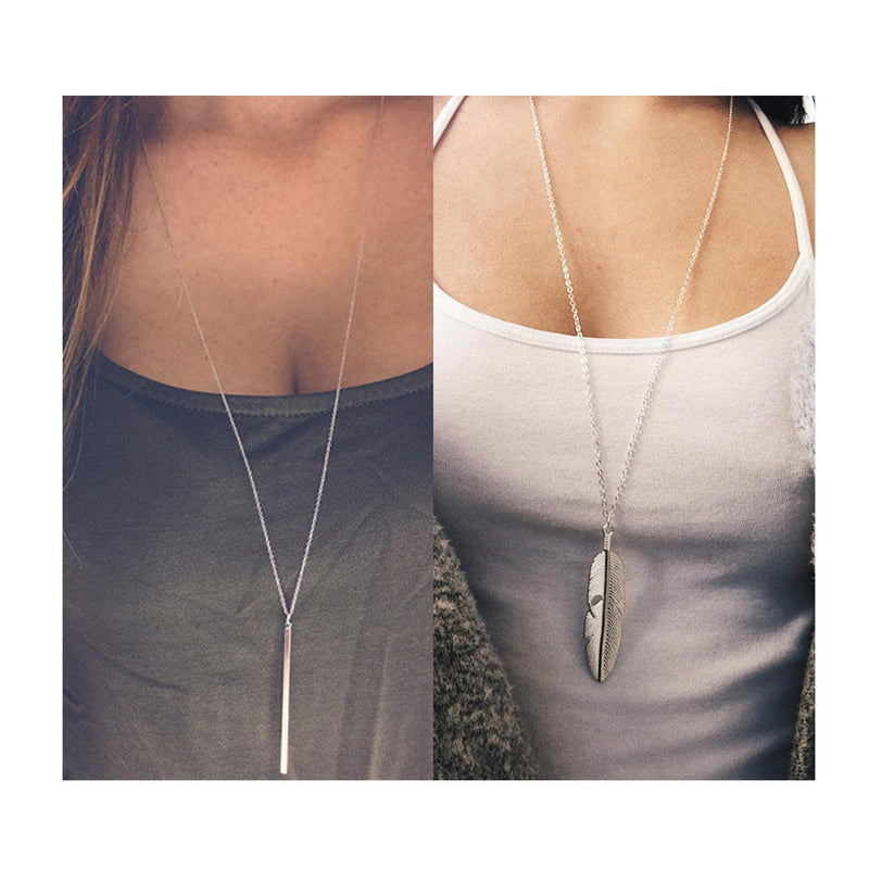 [Australia] - YANCHUN Multi-Layered Round Disc Necklace Long Necklaces for Women Vertical Bar Pendant Layered Necklaces for Girls B:Leaf&Bar Silver Set 