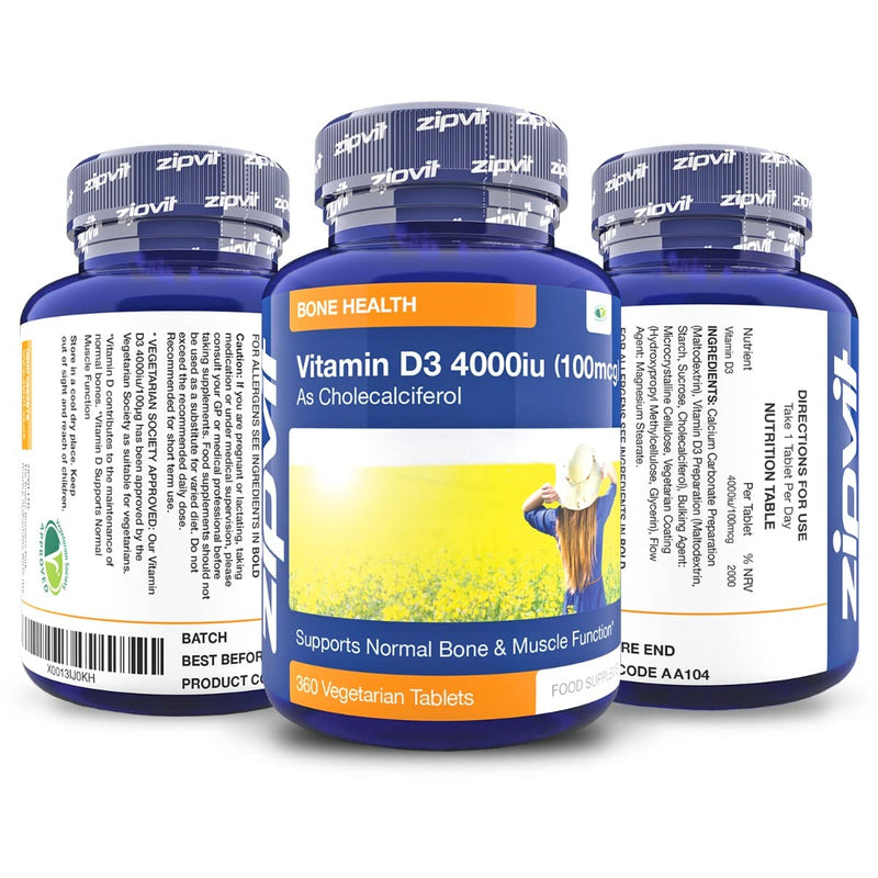 [Australia] - Vitamin D 4000iu 360 Micro Tablets. Vegetarian Society Approved. 12 Months Supply. Vitamin D3 Supports Bone Health and Your Immune System Jar of 4000iu 360 Tablets 