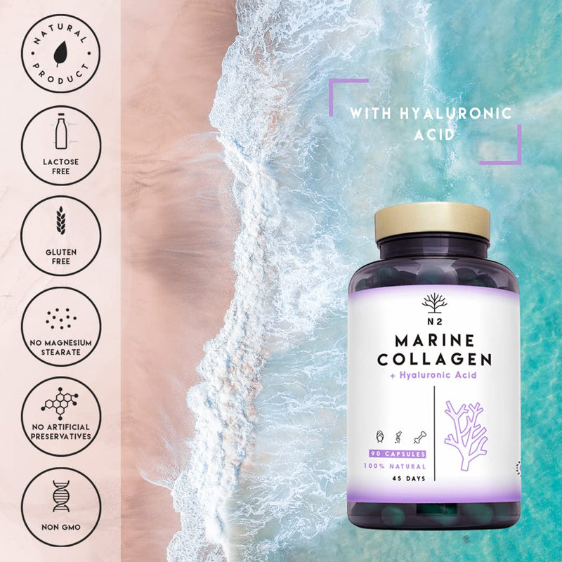 [Australia] - Marine Collagen with Hyaluronic Acid for Skin Care, Hair Care, Joints. Magnesium, Vitamin C. Hydrolysed Collagen Supplements. Anti Aging. Best Collagen PEPTAN. 90 Veggie Caps. EU. N2 Natural Nutrition 