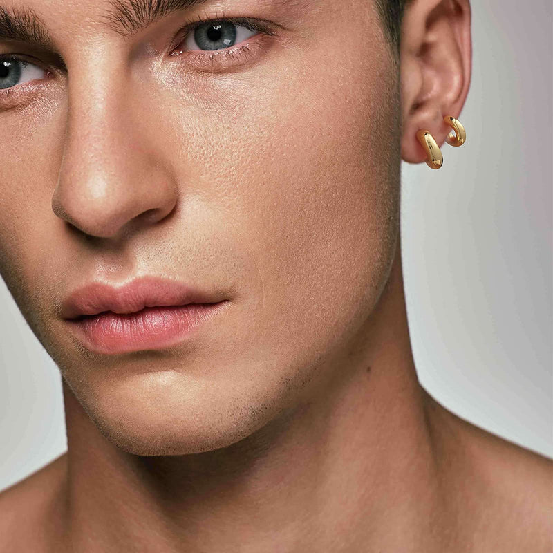[Australia] - Chunky Hoop Earrings Sets: 3 Pairs Small 14k Gold Thick Hoop Hypoallergenic Packs for Women Men Boys Girls Teens 