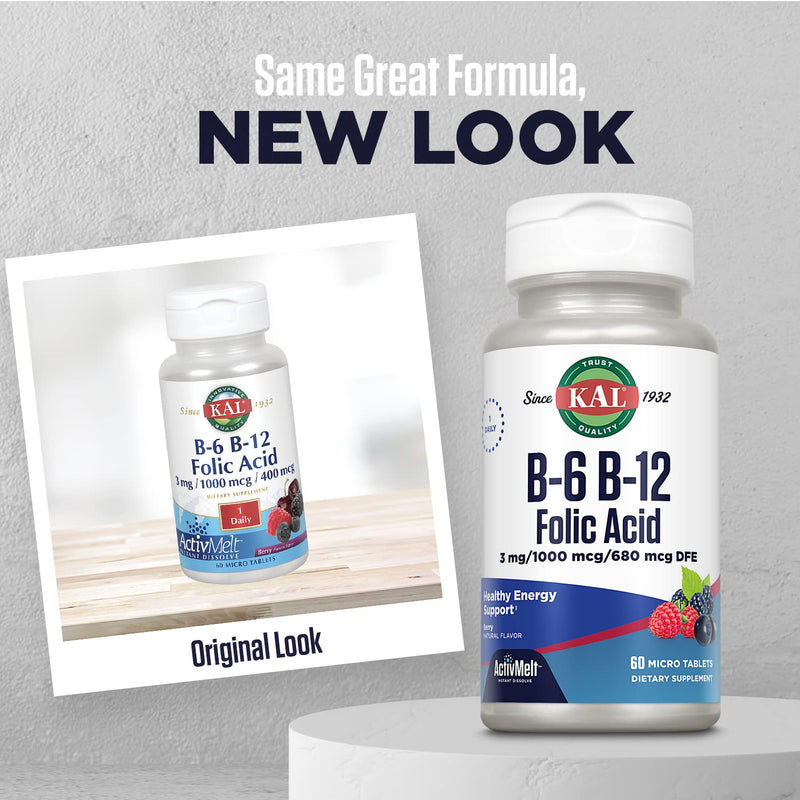 [Australia] - KAL B-6, B-12, Folic Acid ActivMelt | Healthy Heart & Energy Support | Natural Berry Flavor | 60 Micro Tablets, 60 Serv. 