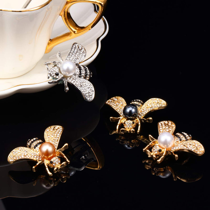 [Australia] - 4 Pieces Honey Bee Brooch Lapel Pins for Women Crystal Insect Themed Bee Brooches with Faux Pearl Fashion Gift for Birthday Dating Party Anniversary 