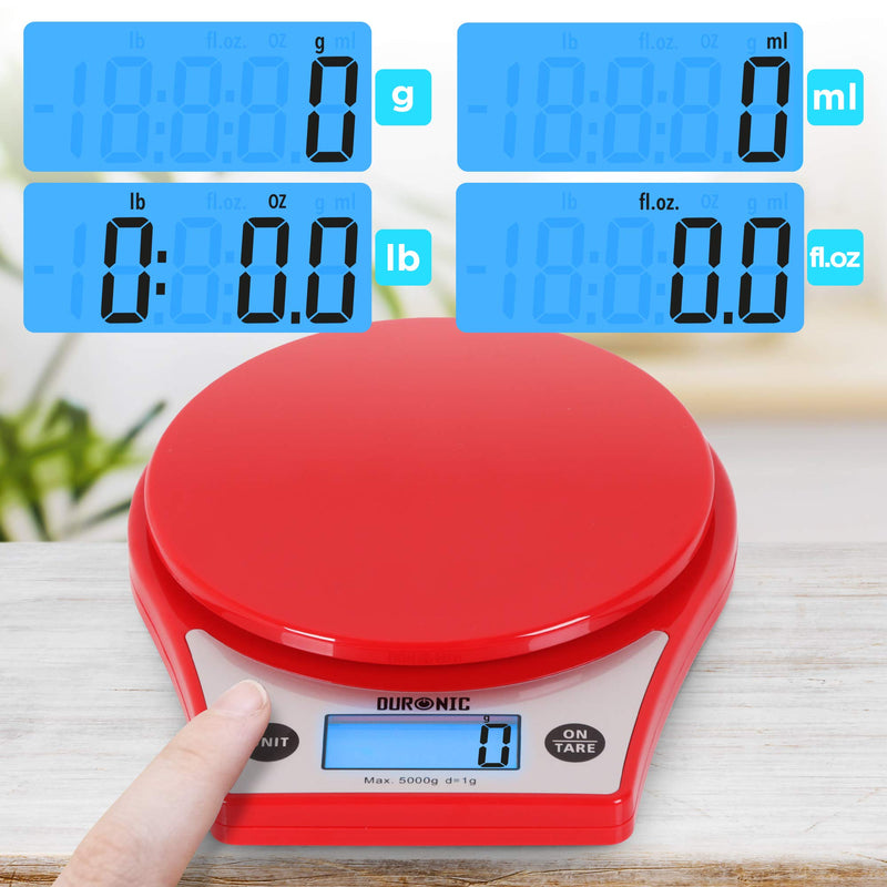 [Australia] - Duronic Kitchen Scales with Bowl for Baking KS6000RD/CR Red 2L Clear Bowl 5kg Capacity Tare | 1g Precision | Postal Parcel Weigh Red/Clear 