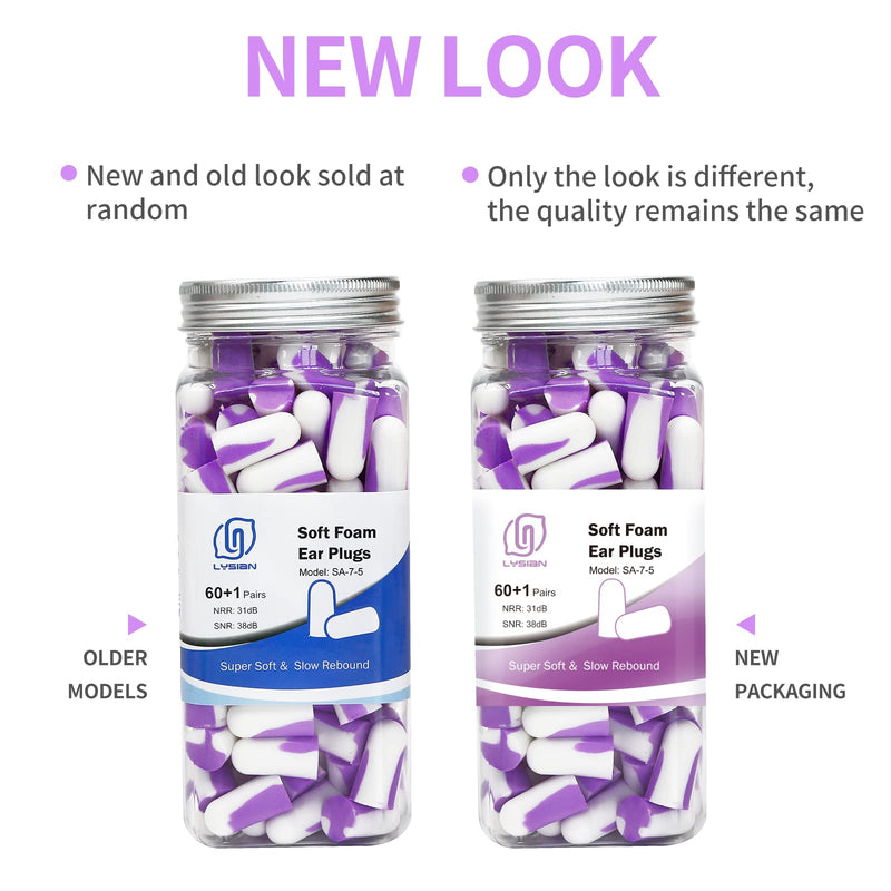[Australia] - Ultra Soft Foam Earplugs 60 Pairs, 38dB SNR Ear Plugs for Sleeping, Mowing, Shooting, and All Loud Noise by Lysian, Purple/White 