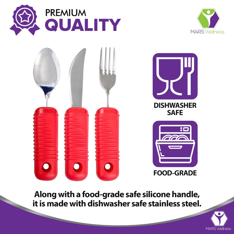 [Australia] - 3 Piece Super Easy Grip Red Flatware Set - Bendable Built Up Large Fork, Knife, and Spoon 