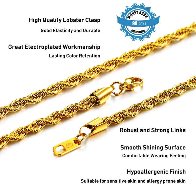 [Australia] - Stainless Steel Necklace, Wheat Chain/Rope Chain/Cuban Chain/Box Chain, Black/18K Gold Plated, 18''/20''/22''/24''/26''/28''/30'', Come Gift Box 03 gold-0.12''(3mm)-rope chain 18.0 Inches 