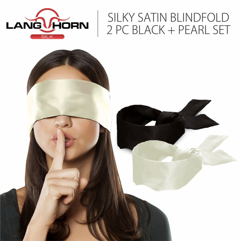 [Australia] - 2 pcs Silk Satin Blindfold Eye Cover Silk Sleeping mask Valentine Gift 155cm / 62” (Black+Pearl) Black+pearl 