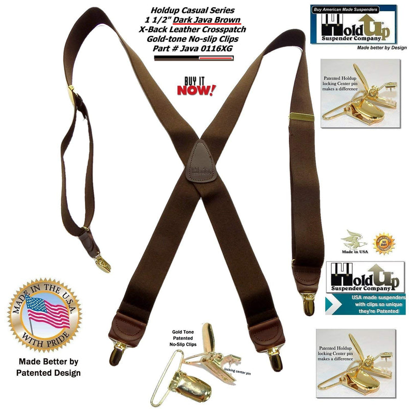 [Australia] - Holdup Suspender Company Casual Series Java Brown X-back Suspenders with Patented No-slip Gold-tone Clips 