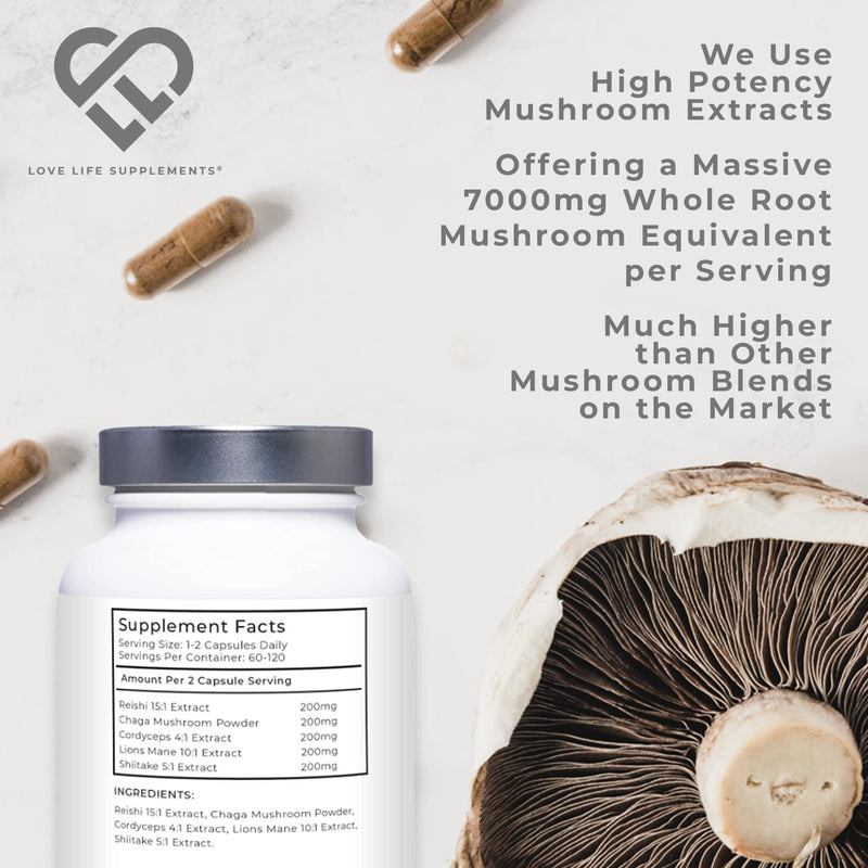 [Australia] - Mushroom Complex by LLS | Contains 1000mg Reishi, Chaga, Cordyceps, Lions Mane and Shiitake Mushrooms | 120 Capsules - 2 Month Supply | No Fillers | Vegan | Love Life Supplements 