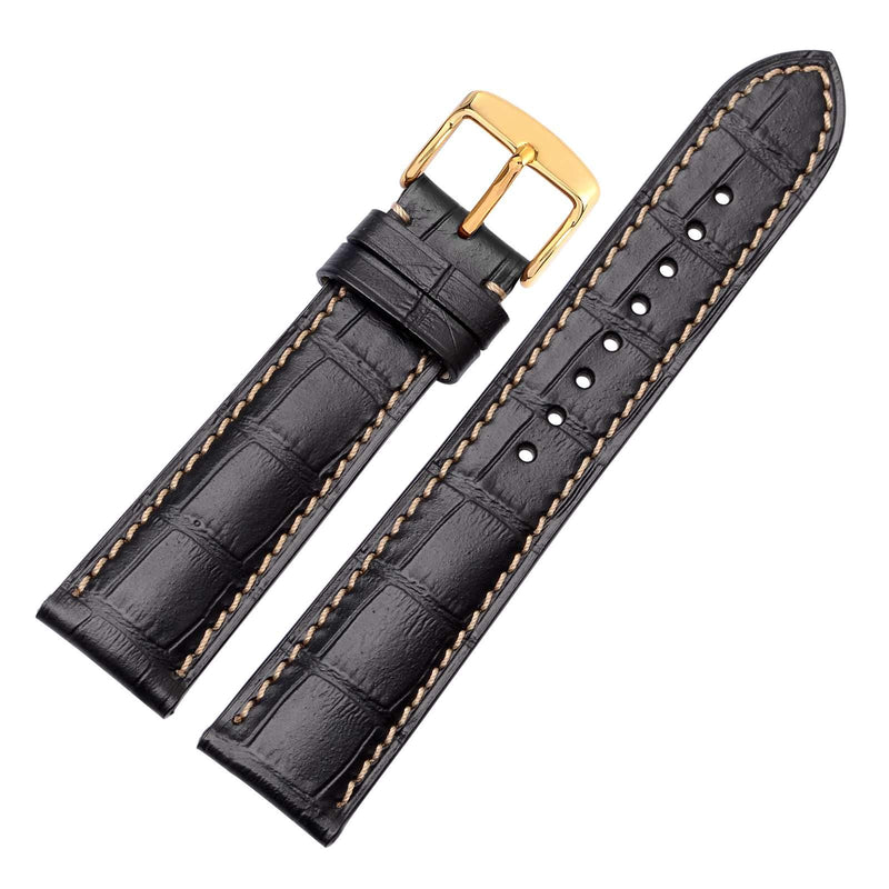 [Australia] - WOCCI 18mm 19mm 20mm 21mm 22mm Alligator Embossed Leather Watch Band, Replacement Strap for Men or Women Band Width: 18mm Black / Contrasting Seam with Gold Buckle 