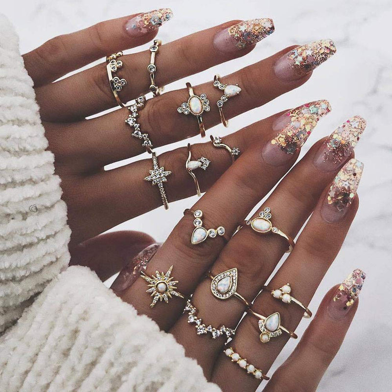 [Australia] - BERYUAN White Gem Stone Vintage Gold Knuckle Ring Set Cute Gift For Her For Women Girls Teens 16Pcs (gold 2) 