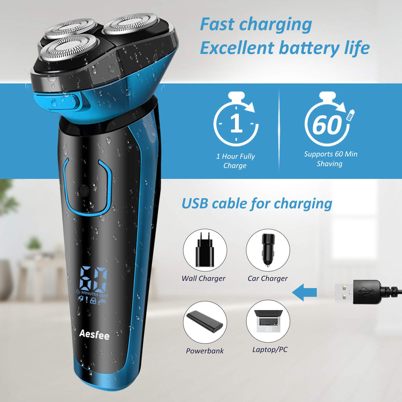 [Australia] - Aesfee Electric Shavers for Men IPX7 Waterproof Wet and Dry, Mens Electric Razors Cordless USB Rechargeable Rotary Shaver with Pop-up Trimmer and Travel Lock, Blue 