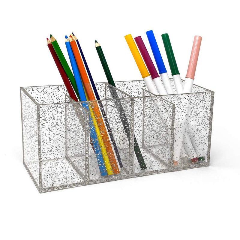 [Australia] - Isaac Jacobs 4-Compartment Clear Acrylic Organizer- Makeup Brush Holder- Storage Solution- Office, Bathroom, Kitchen Supplies and More (4 Compartment, Silver Glitter) 4 Compartment 