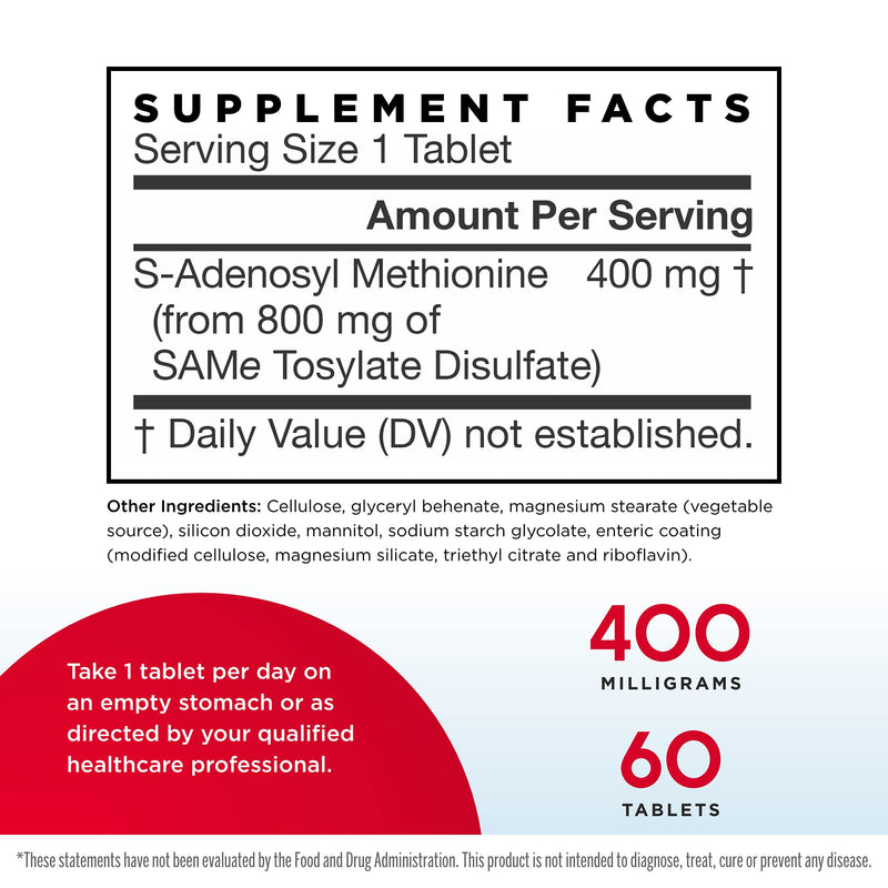 [Australia] - Jarrow Formulas Same 400 mg - 60 Tablets - Highest Concentration of Active S,S Form - Supports Joint Health, Liver Function, Brain Metabolism, Mood & Antioxidant Defense - 60 Servings 60 Count (Pack of 1) 