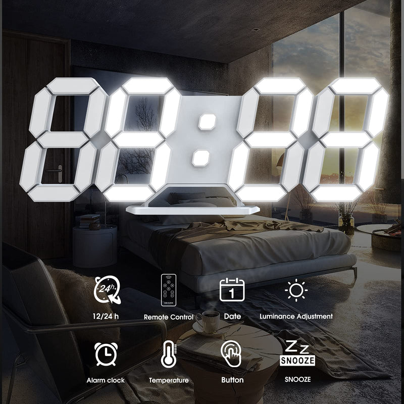 [Australia] - Led Digital Alarm Clock 3D Wall Clock Desk Auto Dimming 12/24 Hour Date Temperature Home Decor Remote Control Silent Snooze USB Nightlight Bedroom Living Room Kitchen Office 9.7inch Cool White 9.7 inch 