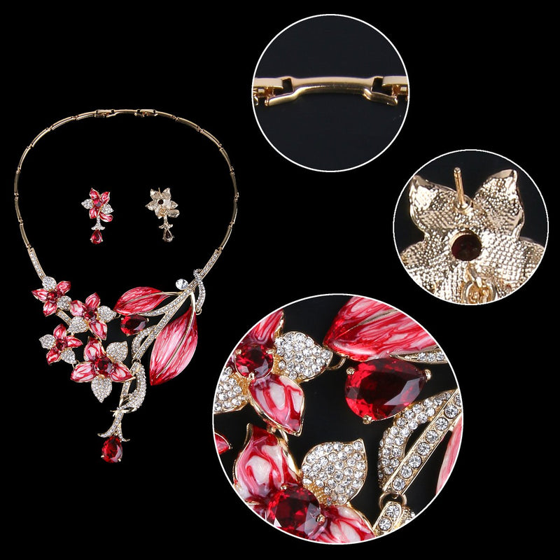 [Australia] - EVER FAITH Hibiscus Leaf Necklace Earrings Set Cubic Zirconia Crystal Gold-Tone Red 