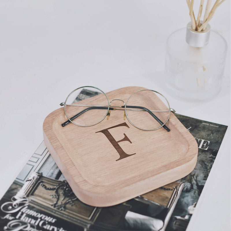 [Australia] - Solid Wood Personalized Initial Letter Jewelry Display Tray Decorative Trinket Dish Gifts For Rings Earrings Necklaces Bracelet Watch Holder (6"x6" Sq Natural "F") ุ6"x6" Sq Natural "F" 