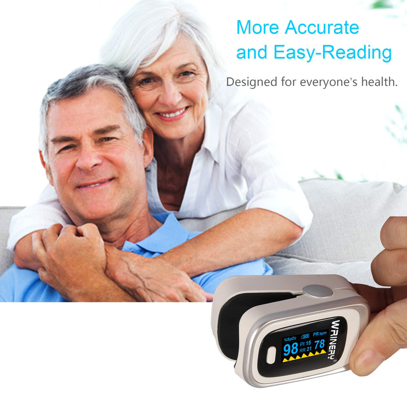 [Australia] - WRINERY Oxygen Saturation Monitor, Pulse Oximeter Fingertip, Oxygen Monitor, O2 Saturation Monitor, OLED Portable Oximetry with Batteries, Lanyard (Silver-White) 